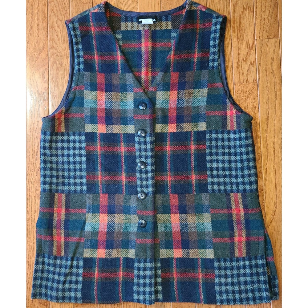 Vtg 80s Capezio plaid button up vest funky patchwork blue, red, green wool blend